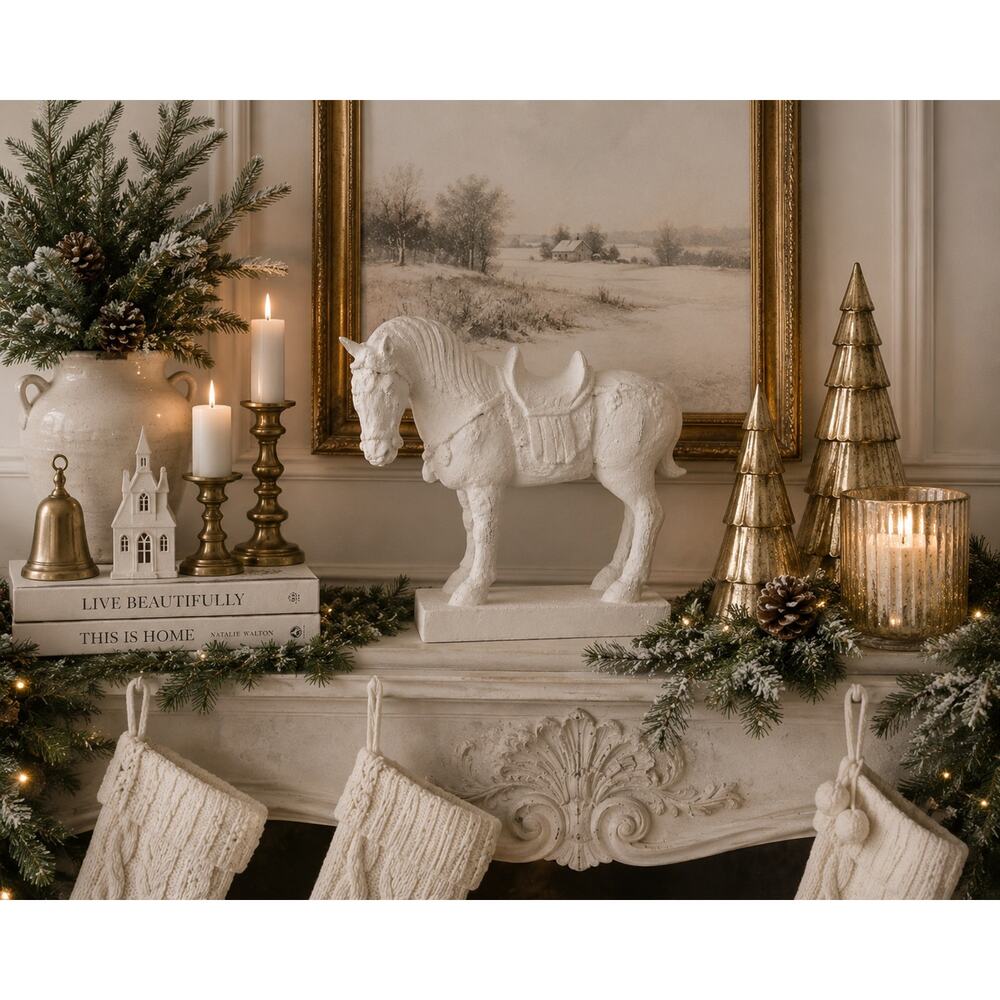 White Horse Sculpture Equestrian Decor Carved Wood Gesso Chinoiserie Statue - Picture 5 of 15